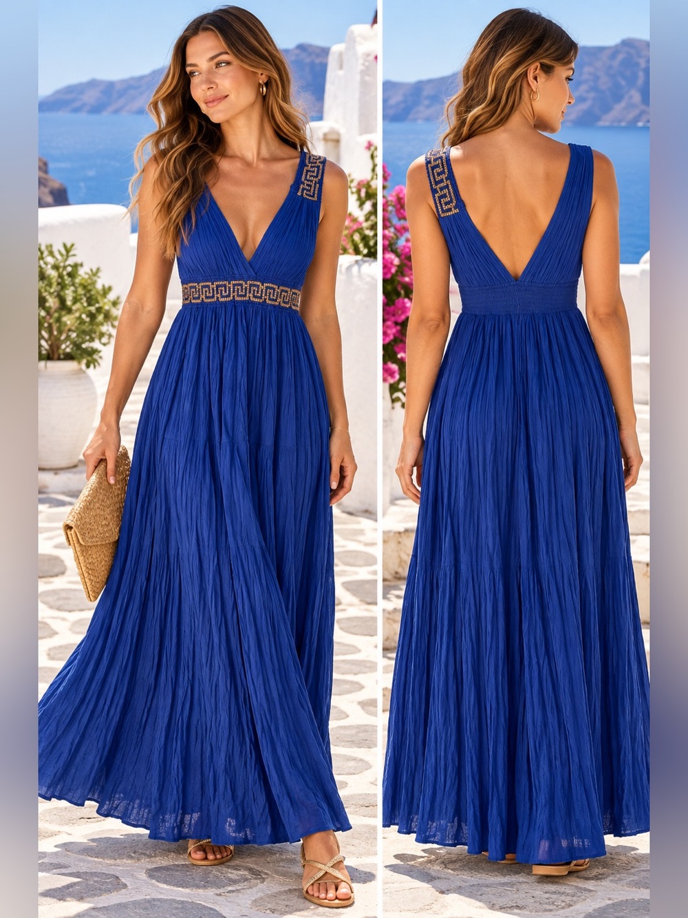 Mythology by Boomil Greek Cotton Blue Goddess Maxi Dress O/S - Picture 1 of 11